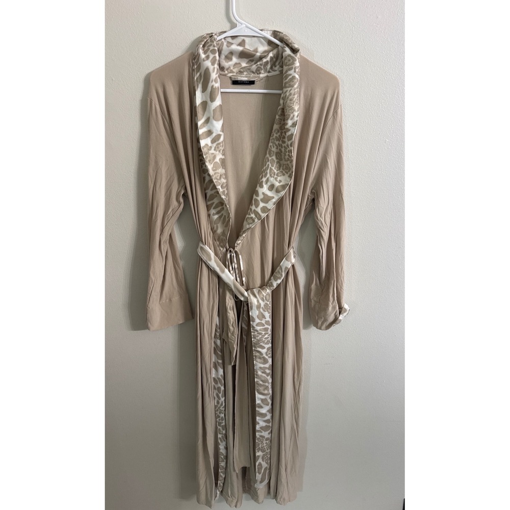 Natori Womens Tan Bamboo Viscose Leopard Print Trim Long Wrap Robe Medium - Picture 1 of 6